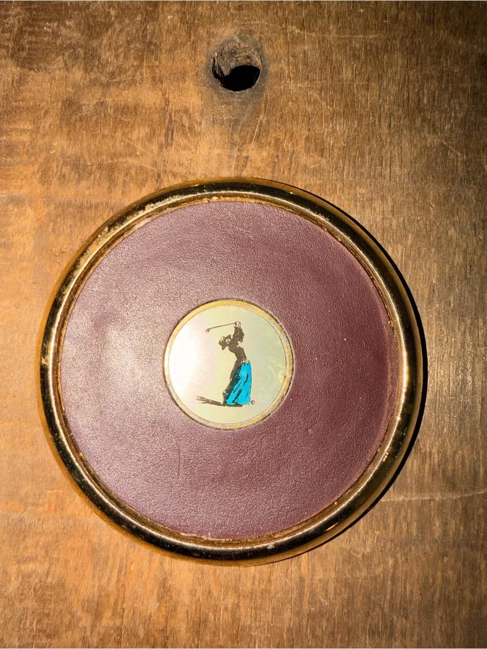 Set of 4 Vintage Golf-Themed Leather & Gold Coasters - Burgundy